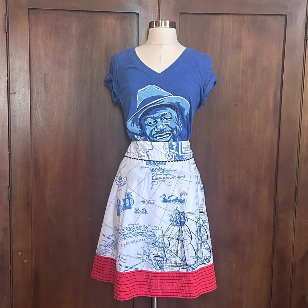 Y2K Seafarers Map Ship Embroidery Ric Rac Skirt 6P - Picture 13 of 14